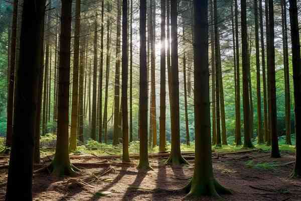 Гора с високи дървета и светлина между тях